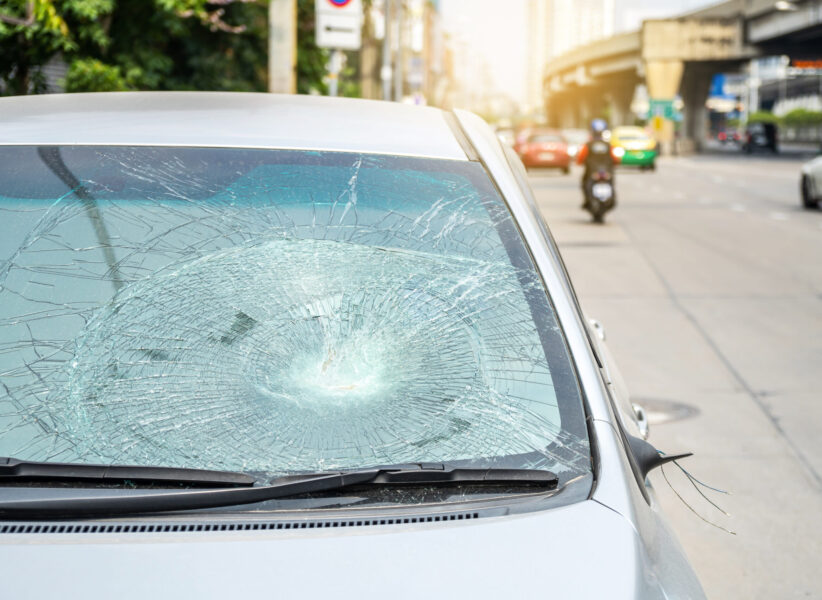 Closeup of car with broken windshield, Accident of car, Selective focus